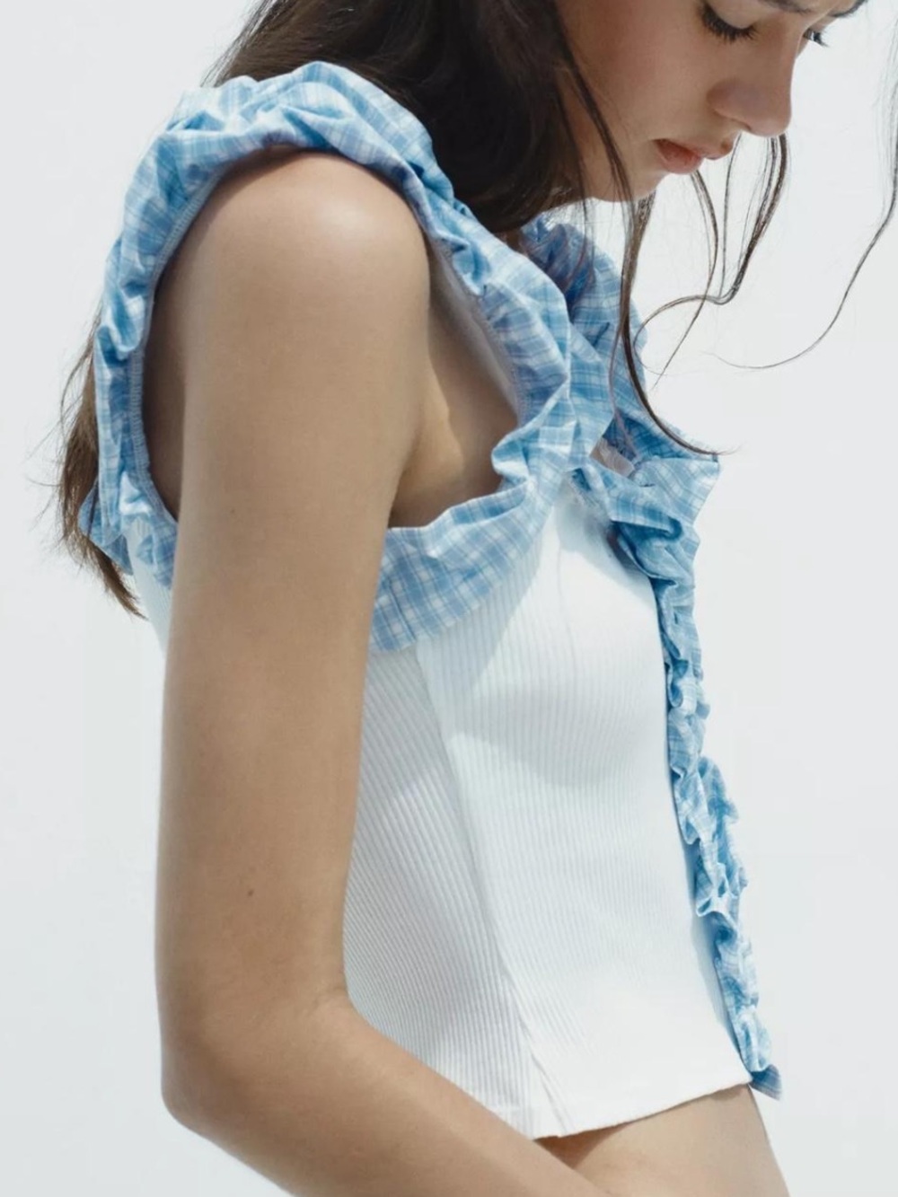 Zara Ribbed Gingham Top in Oyster White